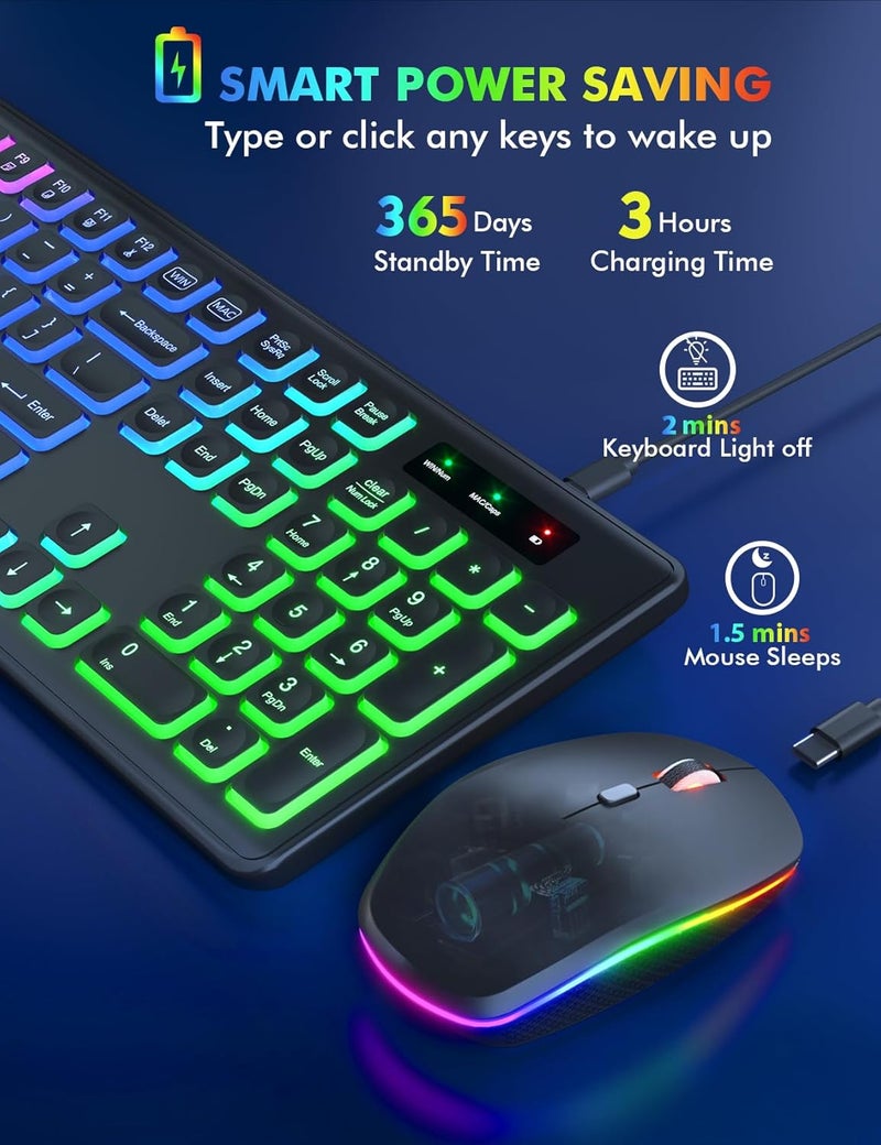 Trueque Wireless Keyboard and Mouse Combo, RGB Backlit, Rechargeable & Light Up Letters, Full-Size, Soft Typing, Sleep Mode, 2.4GHz Quiet Keyboard Set for Mac, Windows, Laptop, PC, (Black) - Image 3